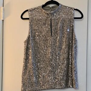 Silver Sequin Sleeveless Blouse with Mandarin Collar